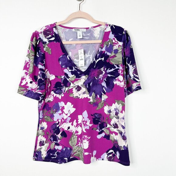 NWT White House Black Market V-Neck Puff Sleeve Top Floral Bunches Baie #WHBM31 - Picture 2 of 9